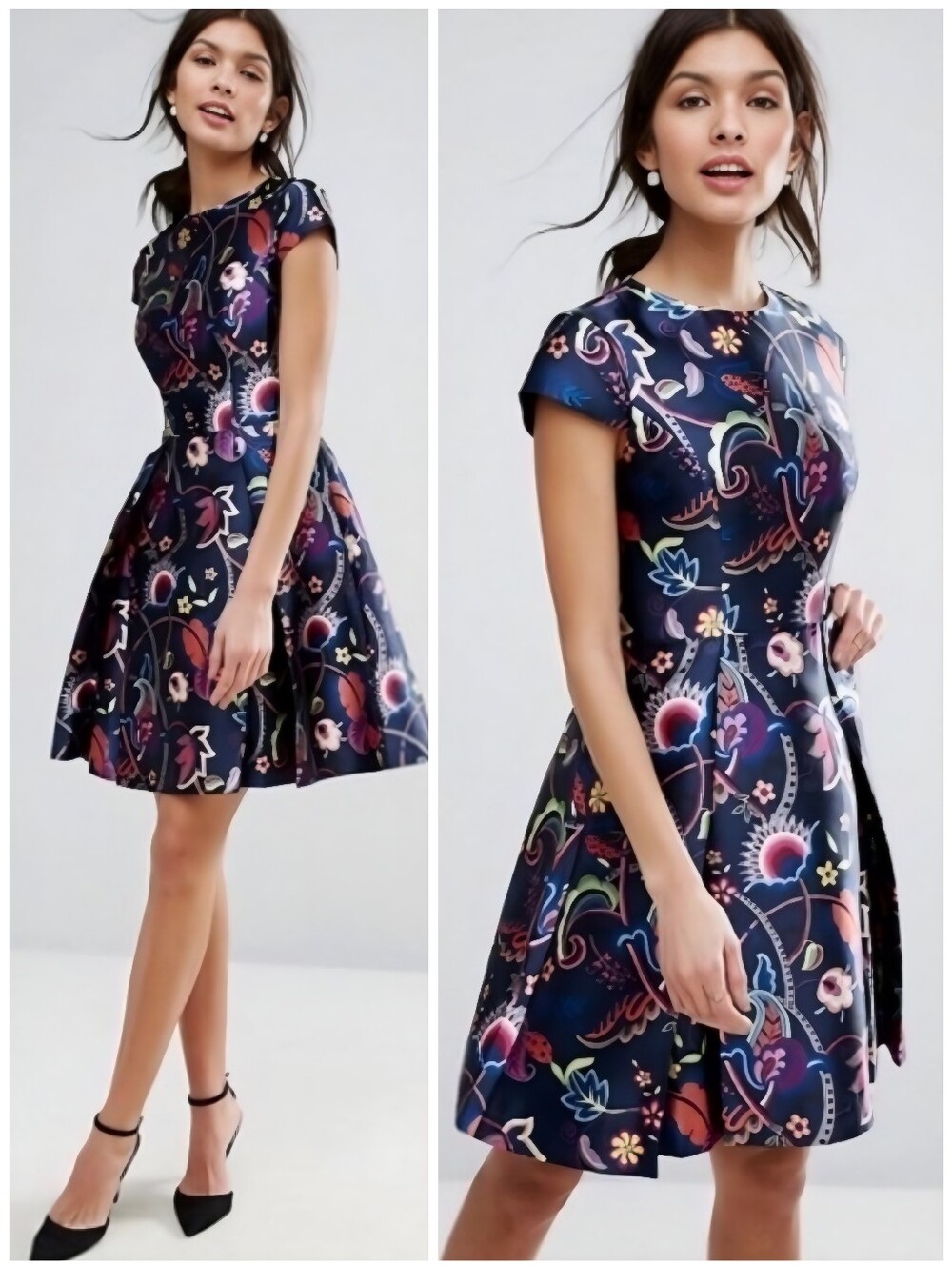 Ted Baker Floral Paisley Folk Foliage Blue Pink Dress, 10